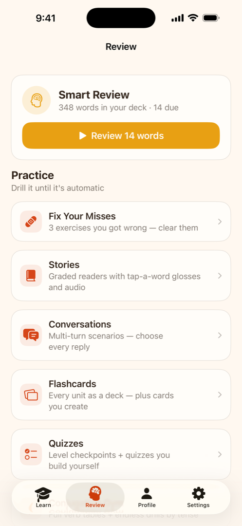 The Review tab: Smart Review with 348 words in the deck and 14 due, Fix Your Misses, Stories, Conversations, Flashcards and Quizzes